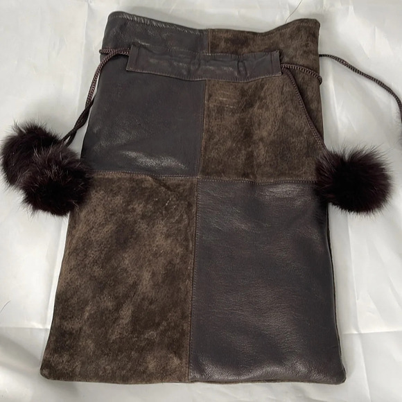 SHOE BAG Dark Chocolate Brown Pom Pom  Drawstring Genuine Leather Fur Patchwork - Picture 3 of 7